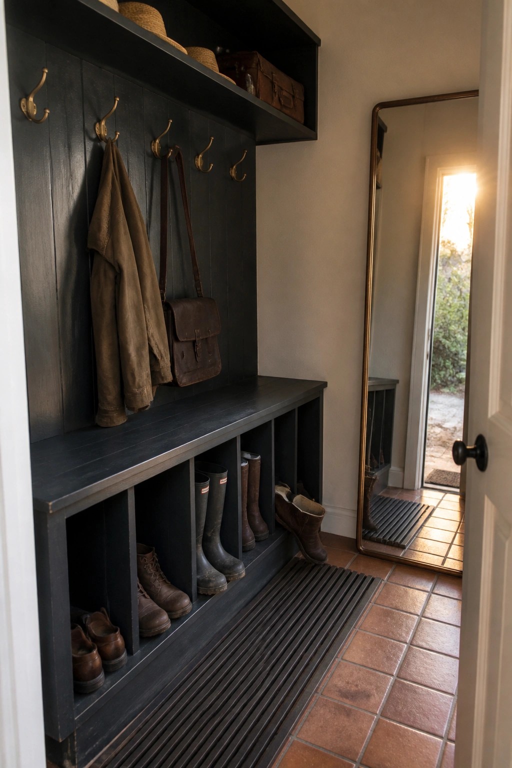Dark wooden built-in entryway bench with multiple open cubbies holding boots and shoes, wall hooks above, and a full-length mirror beside a doorway.