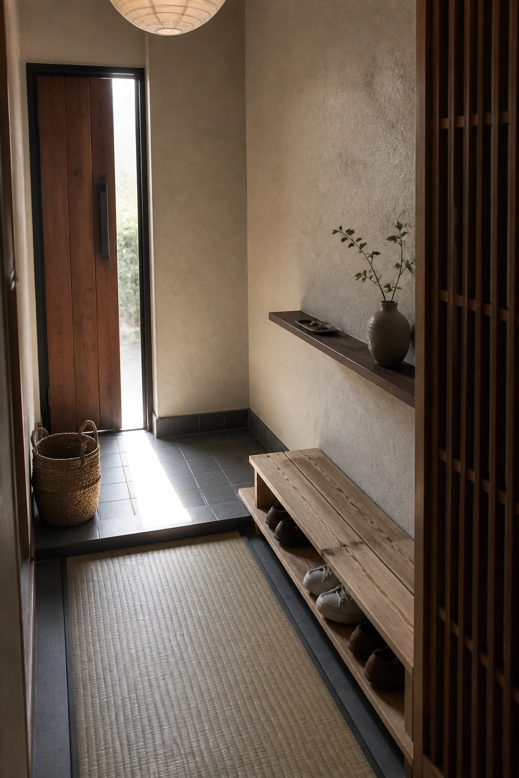 A narrow indoor entryway shows a long wooden bench with shoes stored on open shelves underneath, a woven mat on the floor, and a floating shelf on the wall.