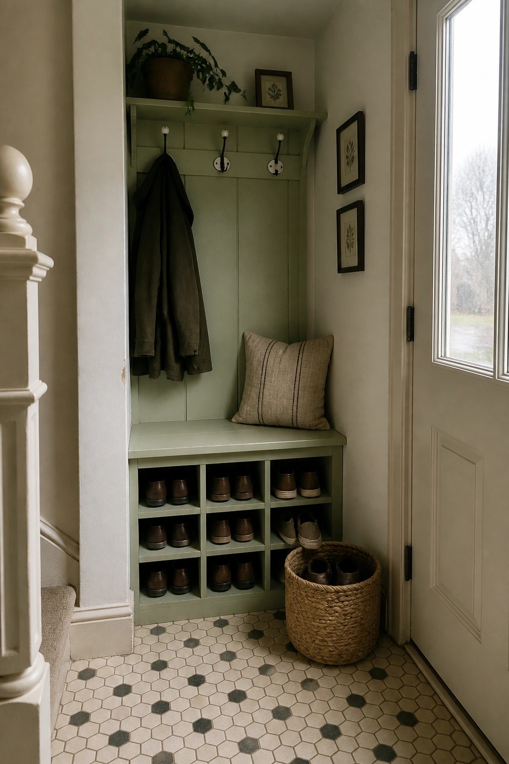 A narrow entryway features a built-in sage green bench with hooks above and multiple shoe cubbies below, next to a white door on a hexagonal tile floor.