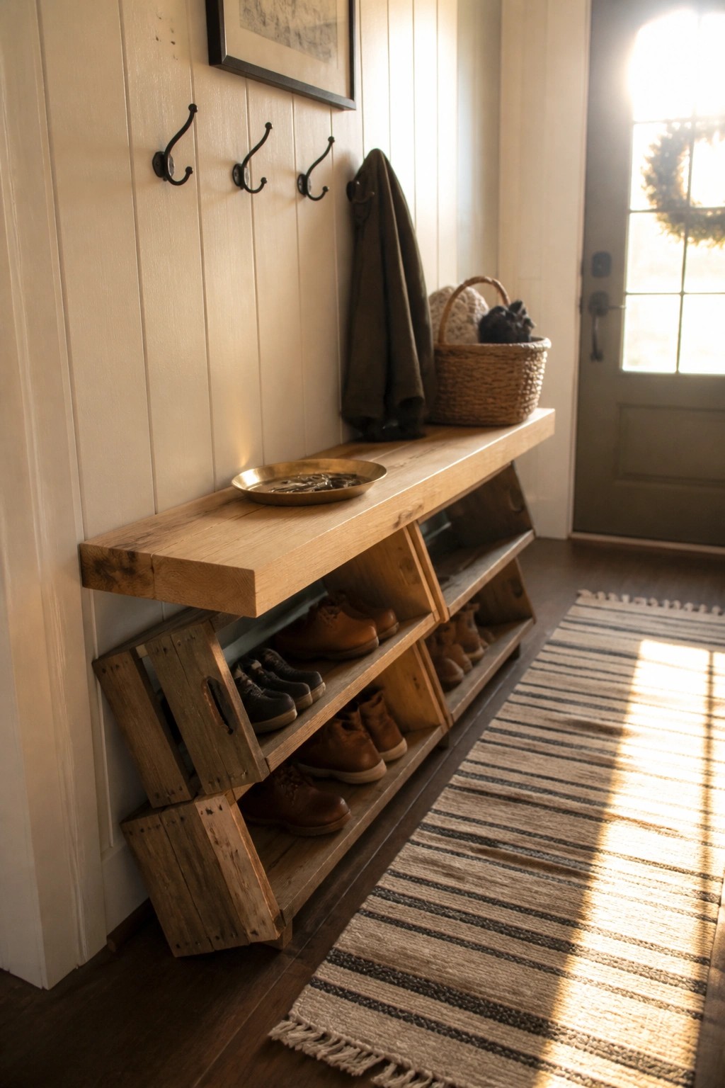 Wooden crates used as a low shoe rack along a white paneled wall in a narrow entryway with shoes stored inside and hooks above.