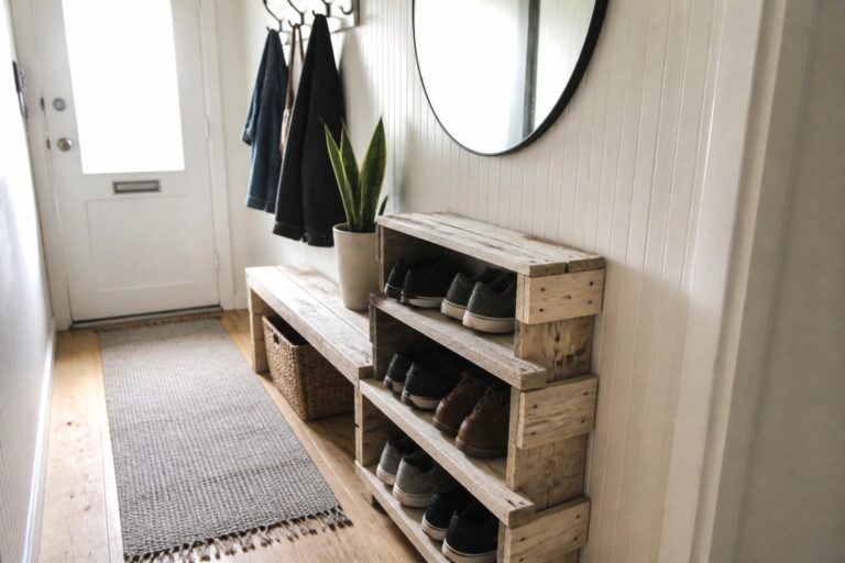 23 Clever Pallet Shoe Rack Ideas for Narrow Entryways A narrow entryway with a long low wooden pallet shoe rack holding several pairs of shoes, a potted plant on top, and a coat hanging from hooks on the wall above.