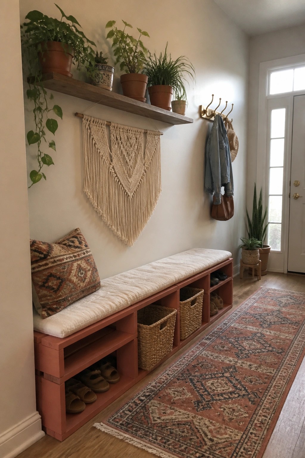 A narrow entryway with a long terracotta painted pallet bench topped with a white cushion, open cubbies holding woven baskets and shoes, a macrame wall hanging above, and a wooden shelf with potted plants.