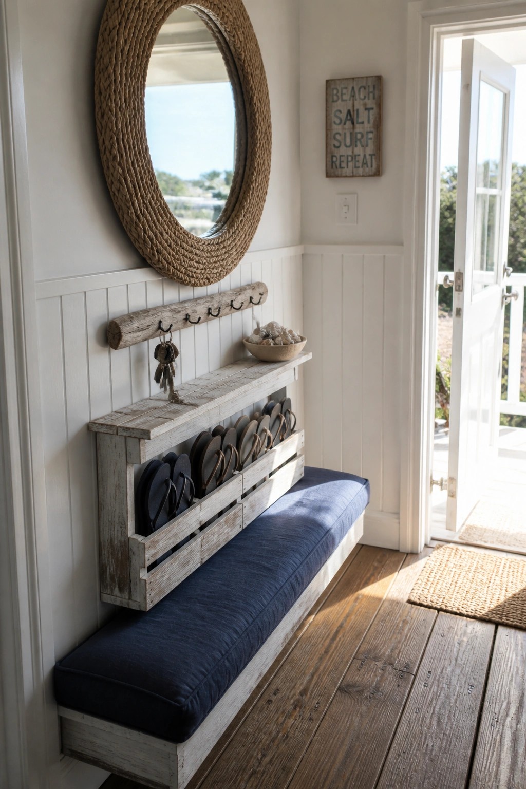 A narrow interior entryway shows a whitewashed wooden pallet bench with a blue cushion holding flip-flops in its lower slots, mounted below a round rope mirror on white paneled walls.