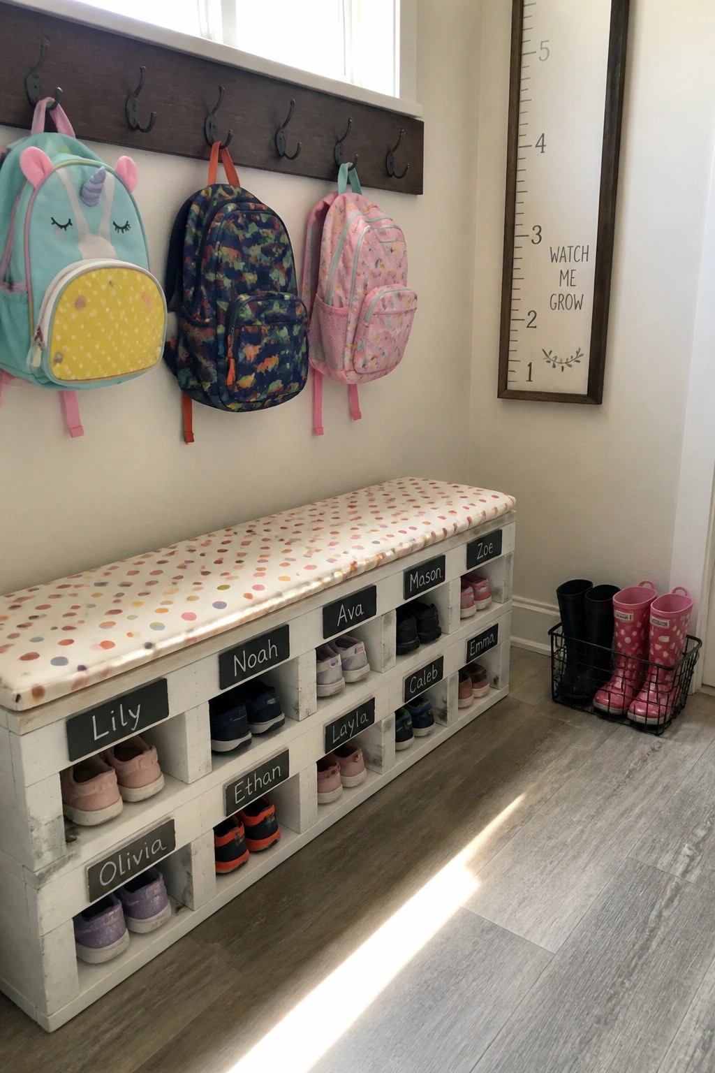Kids' shoe cubby bench with name labels, hanging backpacks, and rain boots basket.