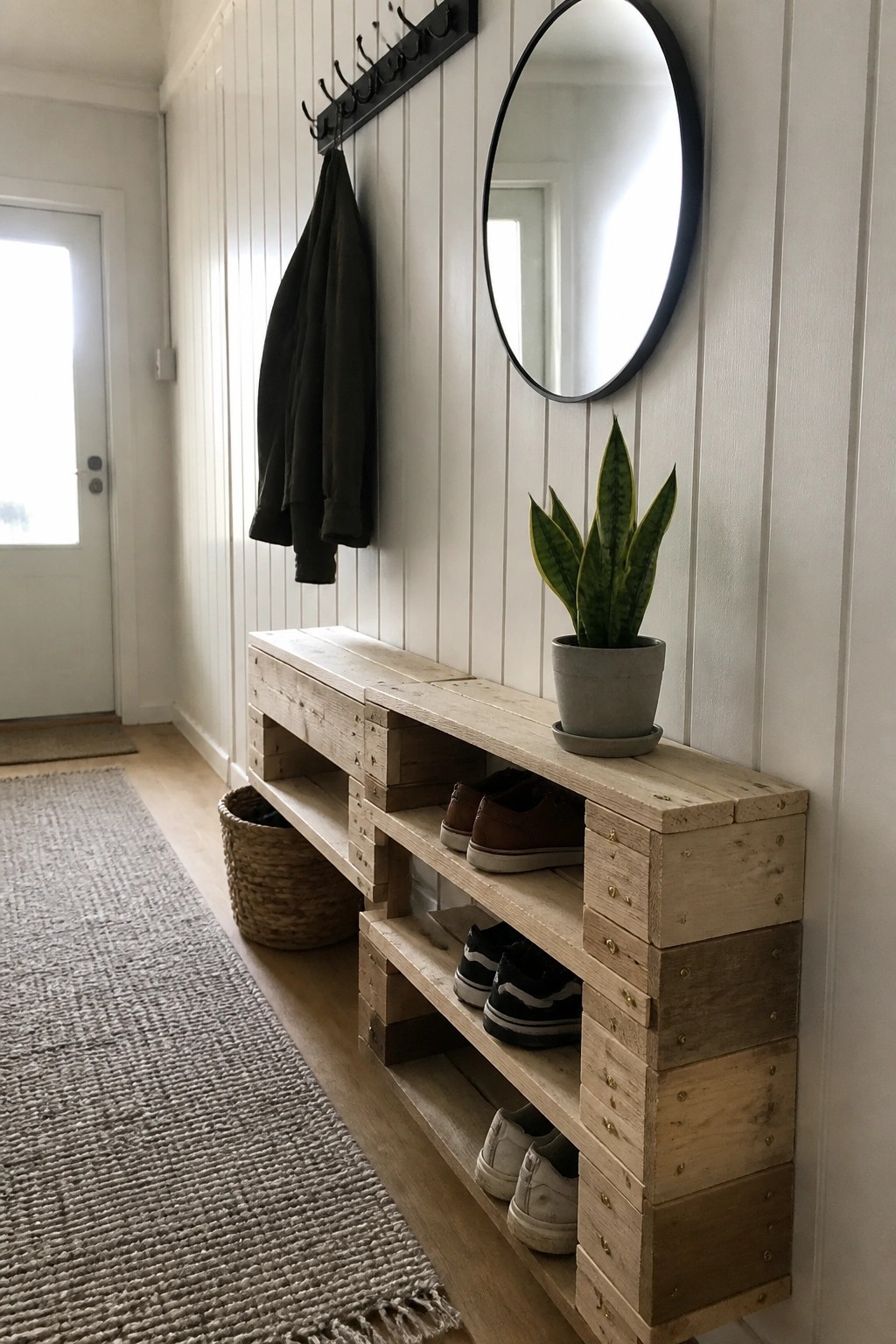 A narrow entryway with a long low wooden pallet shoe rack holding several pairs of shoes, a potted plant on top, and a coat hanging from hooks on the wall above.