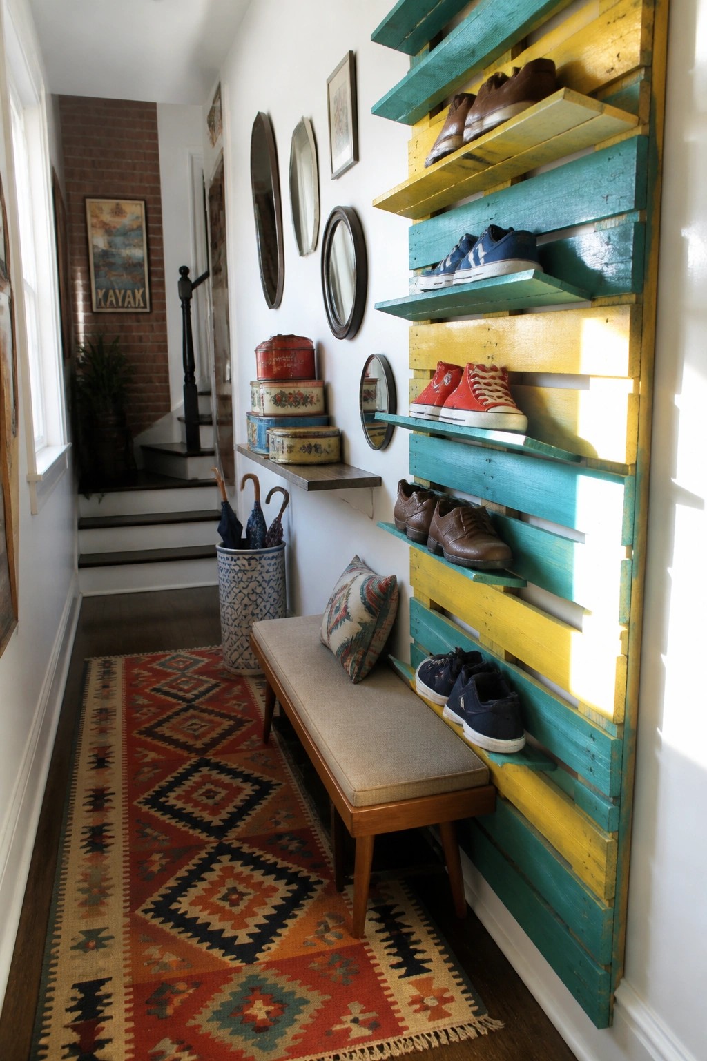A narrow interior hallway with a multicolored wooden pallet mounted on the wall as a shoe rack holding several pairs of shoes.