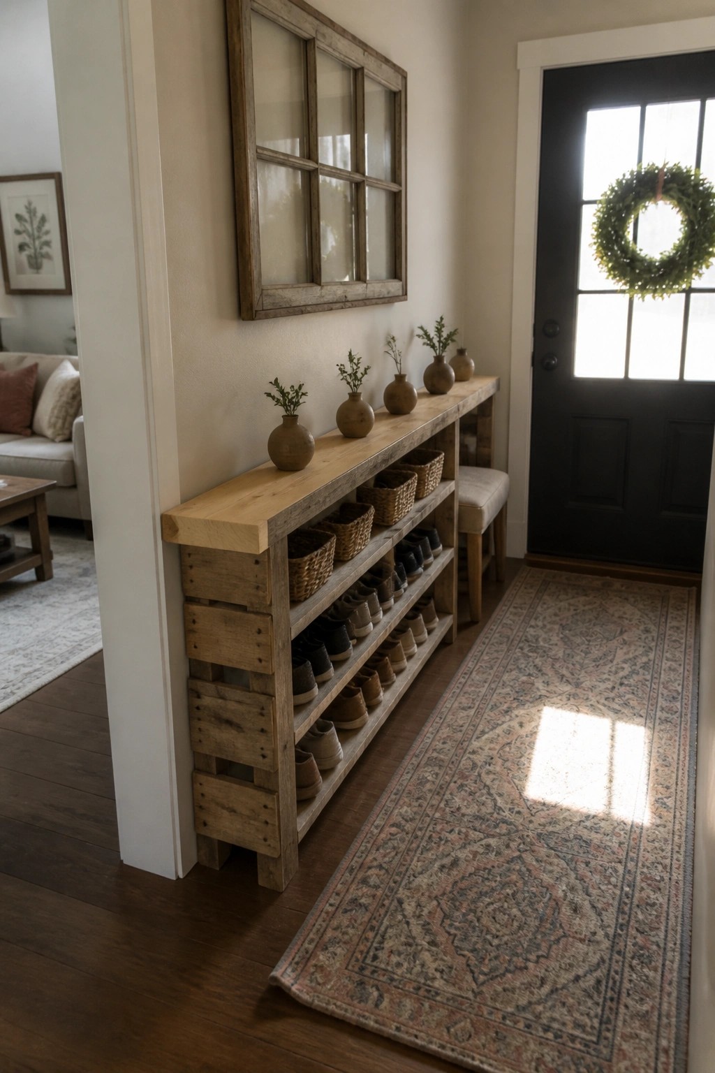 A long wooden pallet shoe rack with multiple shelves holding shoes and woven baskets, placed against a wall in a narrow entryway next to a patterned runner rug.