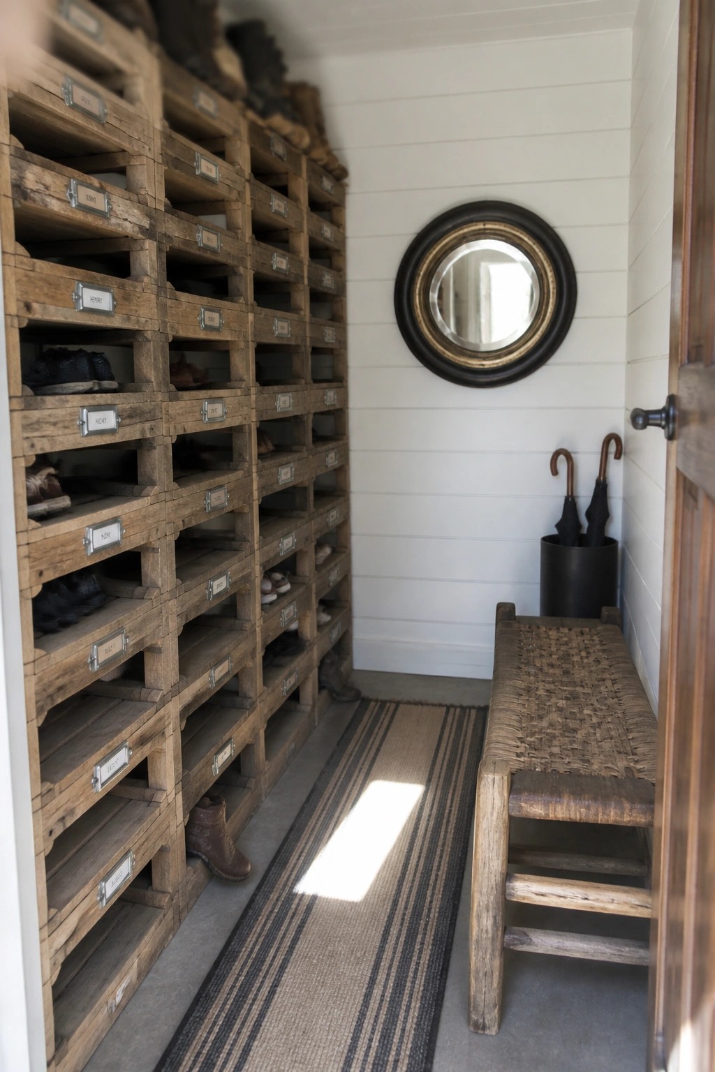A narrow interior entryway with a tall wall rack made from stacked wooden pallets used for shoe storage, a woven bench on the right, and a round mirror above an umbrella stand.
