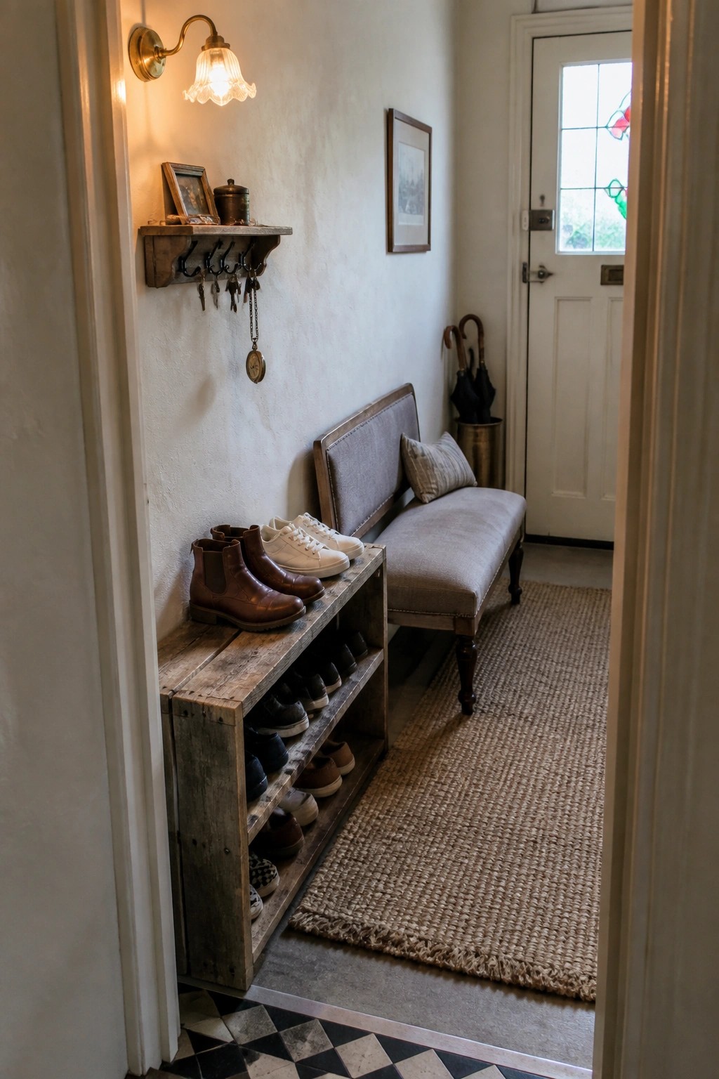 A narrow interior entryway featuring a wooden crate shoe rack filled with boots and sneakers, positioned beneath a gray upholstered bench against a white wall.