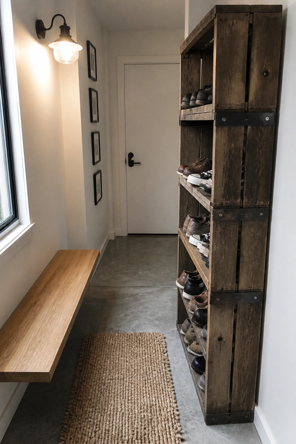 Narrow interior hallway with a tall wooden crate shoe rack on the right holding multiple pairs of shoes, a floating wooden bench on the left, and framed pictures on the wall.