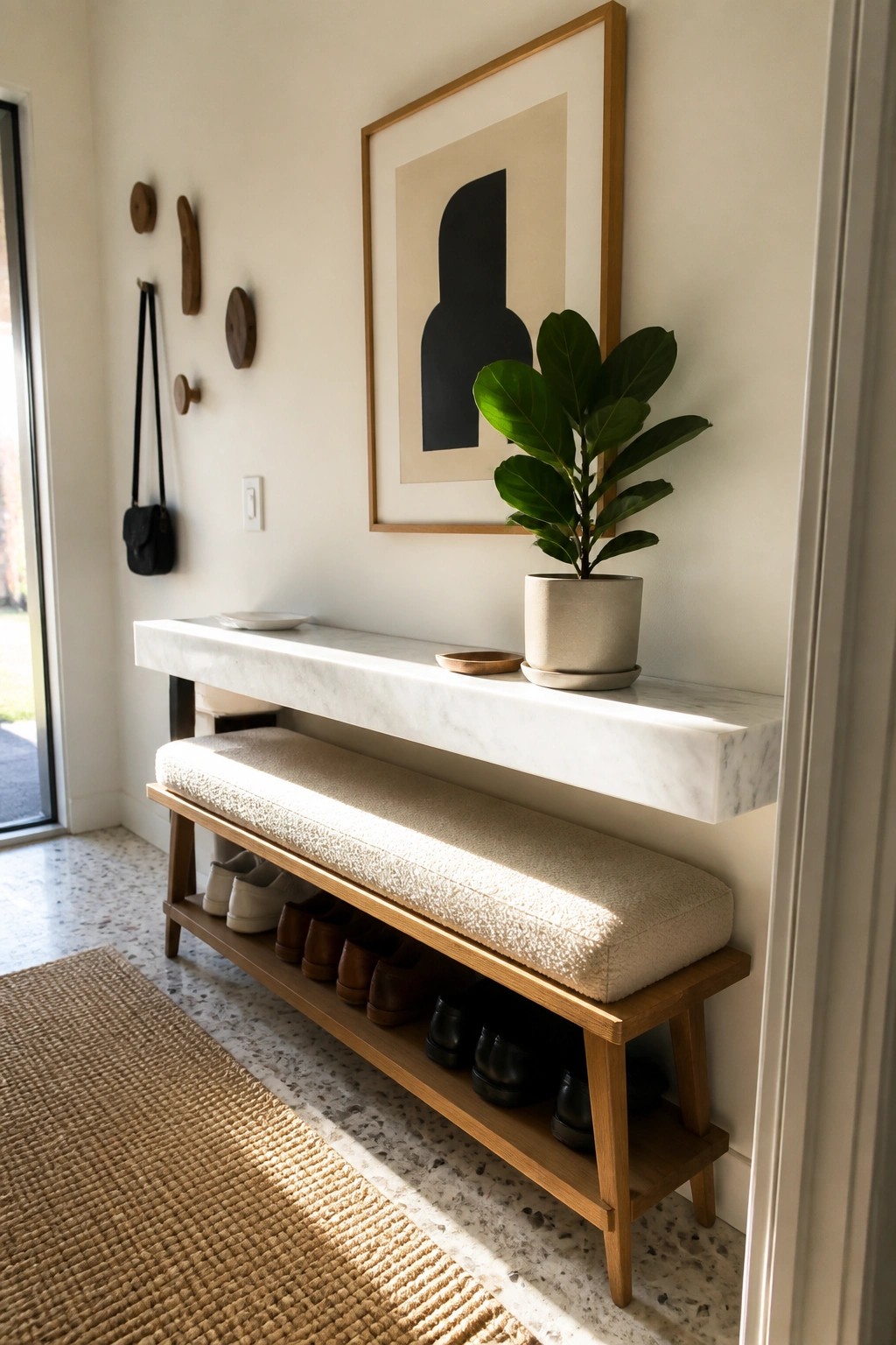 A light wood bench with a cushioned seat and open lower shelf holding multiple pairs of shoes sits beneath a white marble floating console in a bright entryway.