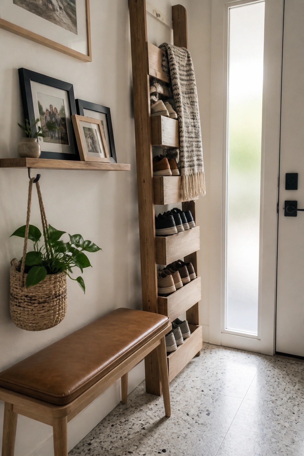 A narrow entryway with a tall wooden vertical shoe rack holding multiple pairs of shoes and a woven blanket, a brown leather bench below, and a hanging plant on the left wall.