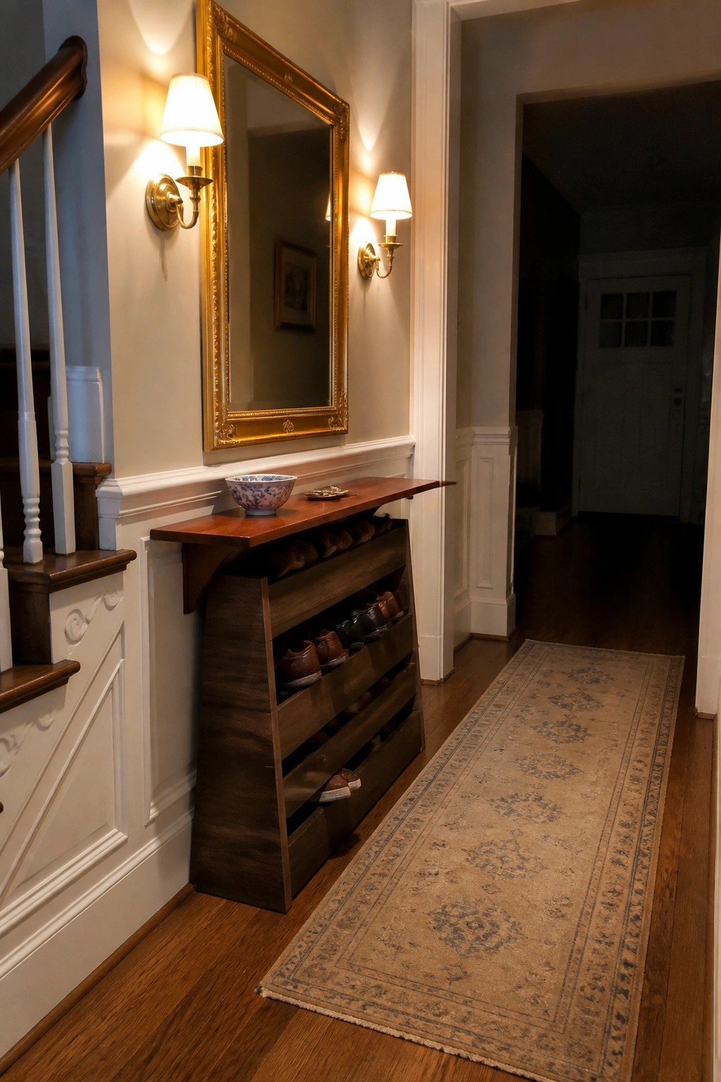 A narrow wooden shoe rack with multiple angled compartments sits against a wall beneath a large gold-framed mirror in a home entryway.