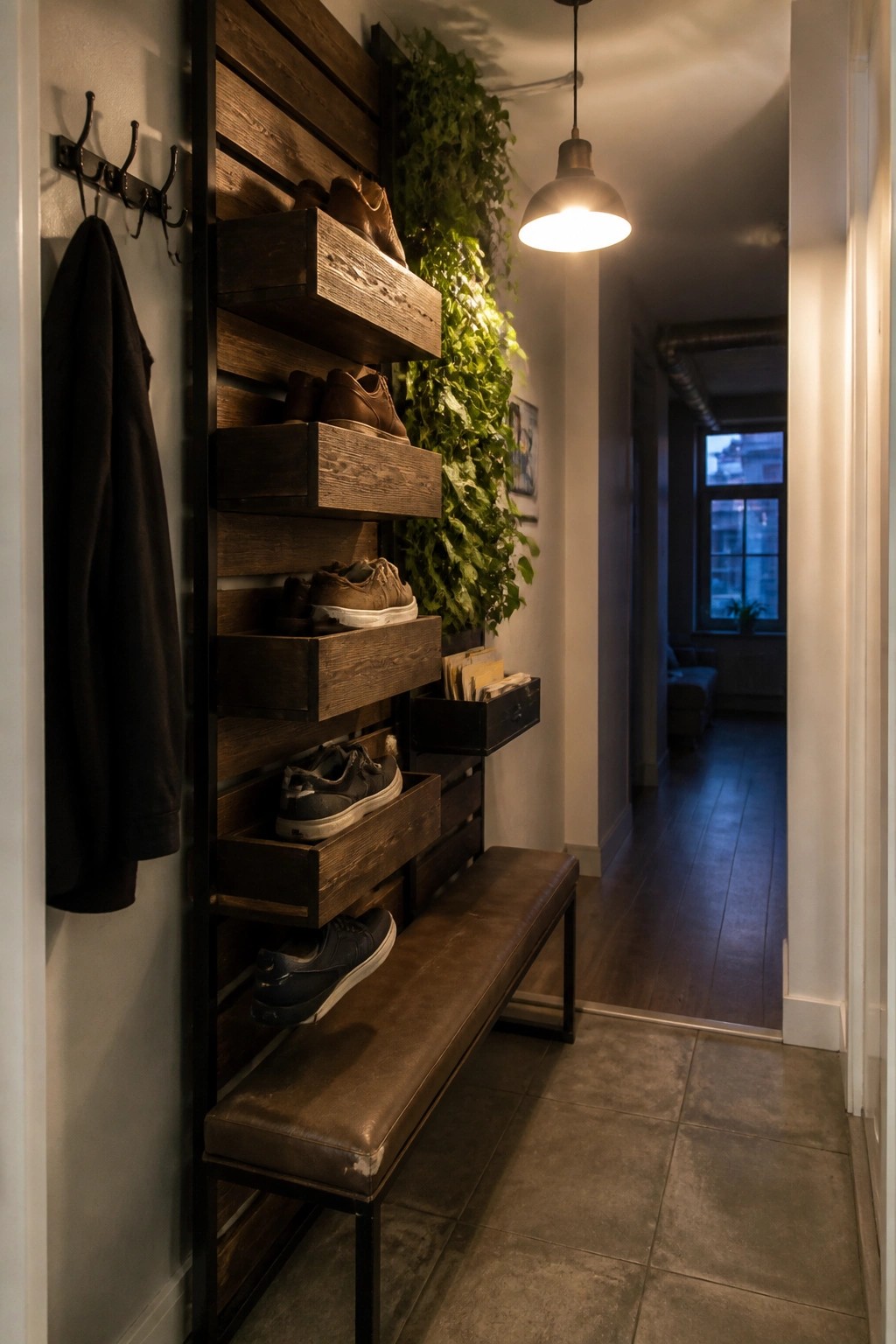 A narrow interior entryway with a vertical dark wood slat system holding multiple pull-out wooden boxes filled with shoes, a brown upholstered bench underneath, and coat hooks on the left wall.