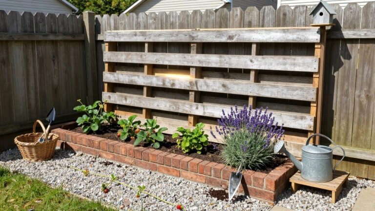 Raised wooden lavender bed with tool-filled basket and watering can by fence