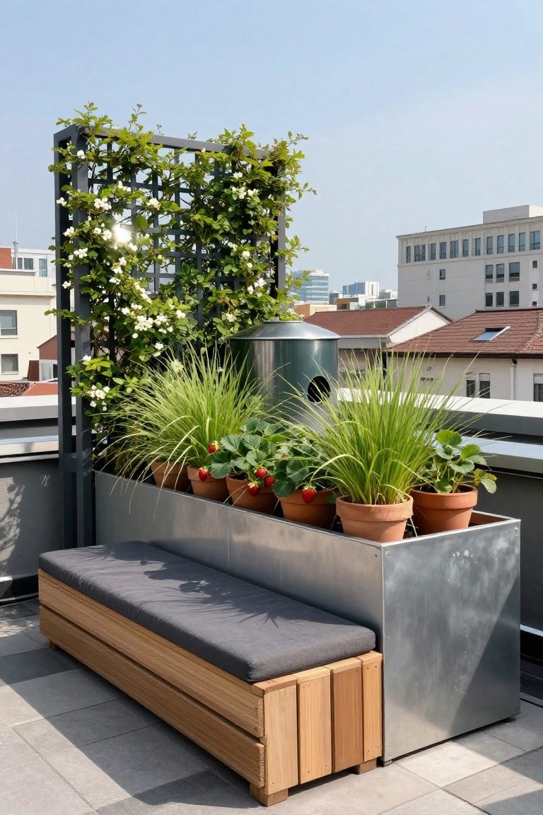 A wooden bench with a gray cushion attached to a metal planter box containing potted strawberry plants and tall grasses, with a flowering trellis behind it on a rooftop terrace.