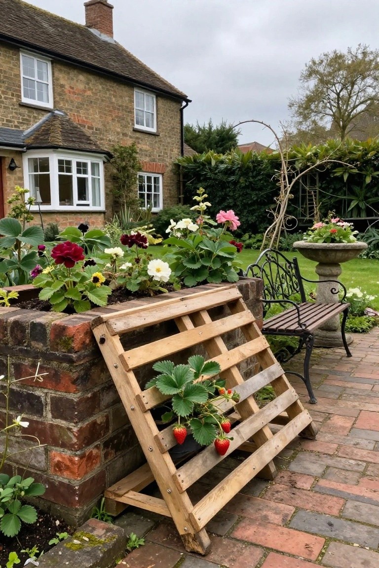 Wooden pallet strawberry planter against brick wall with flowers, bench, and patio
