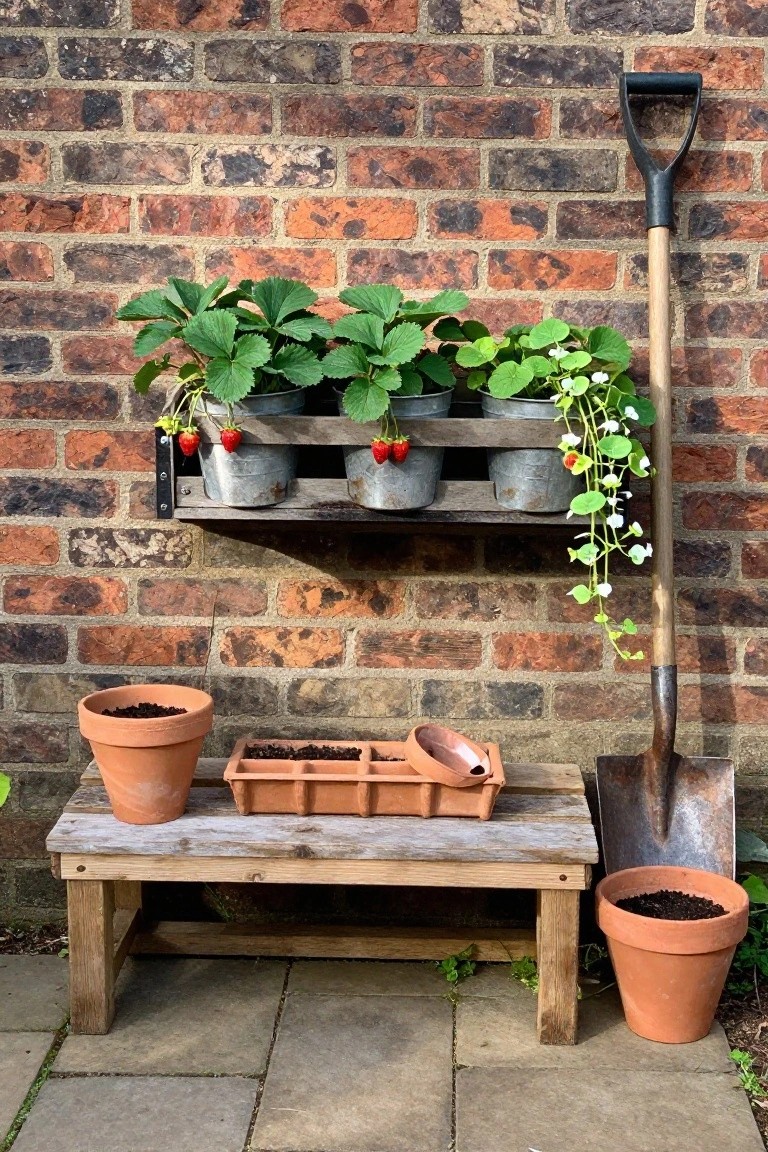 Strawberry plants on wooden shelf by brick wall above bench with pots and shovel