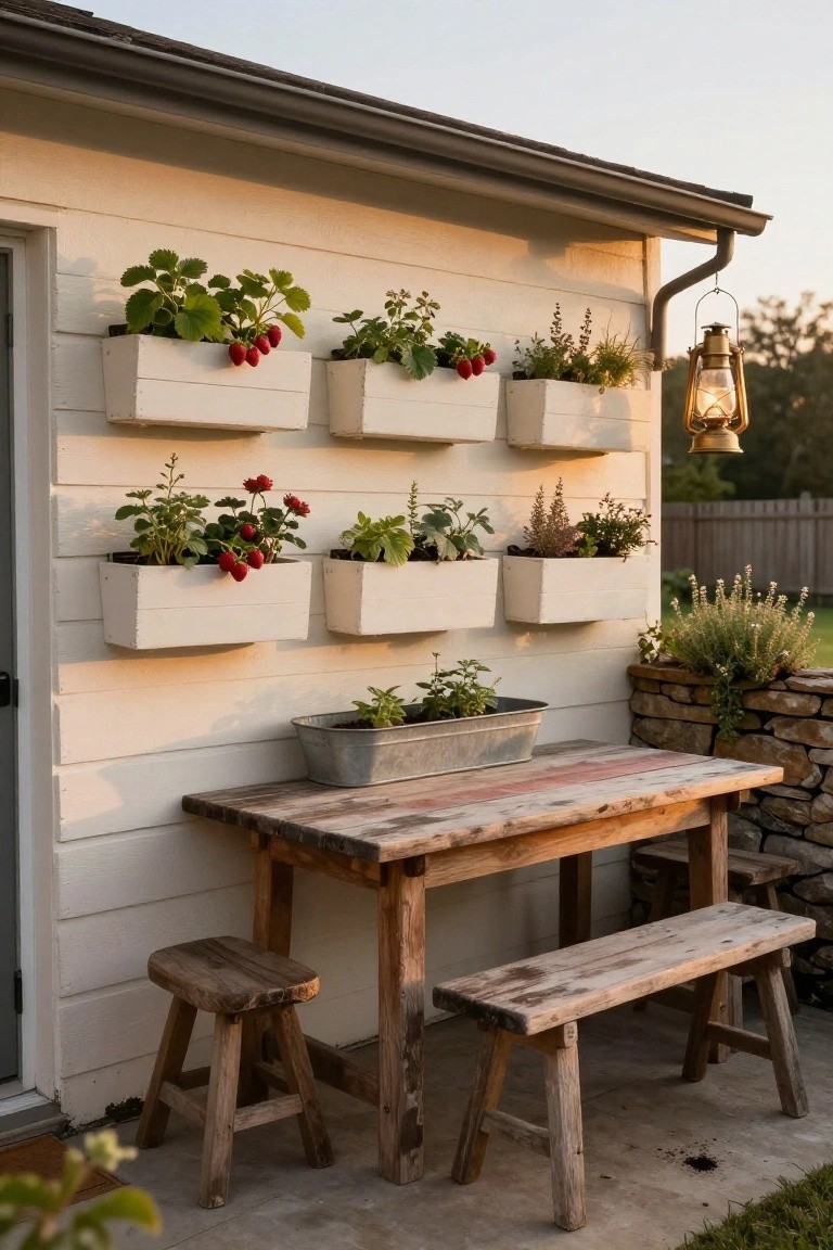Rustic wooden table with benches beside white wall-mounted planters and a hanging lantern.