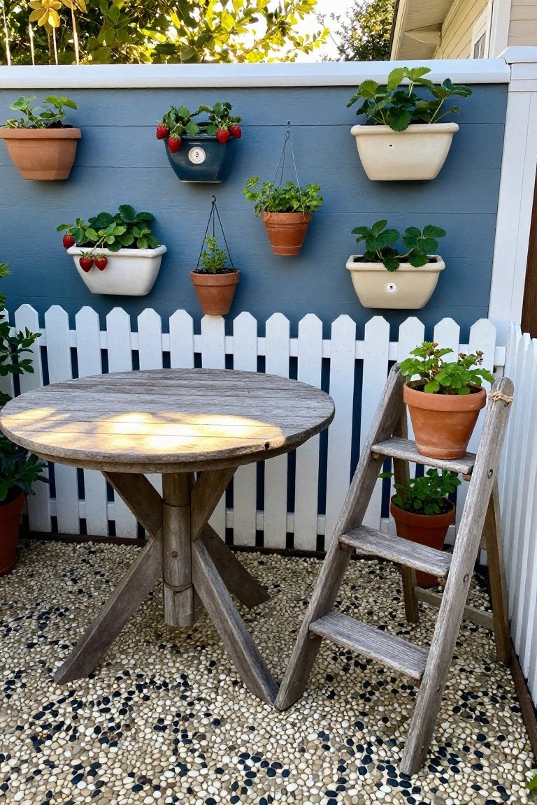 Round wooden table beside ladder with potted strawberries on blue wall and pebble patio