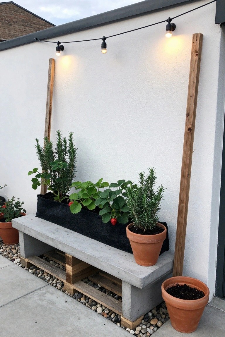 A black fabric planter with strawberry plants and rosemary sits on a concrete bench built over wooden pallets against a white wall, with terracotta pots nearby.
