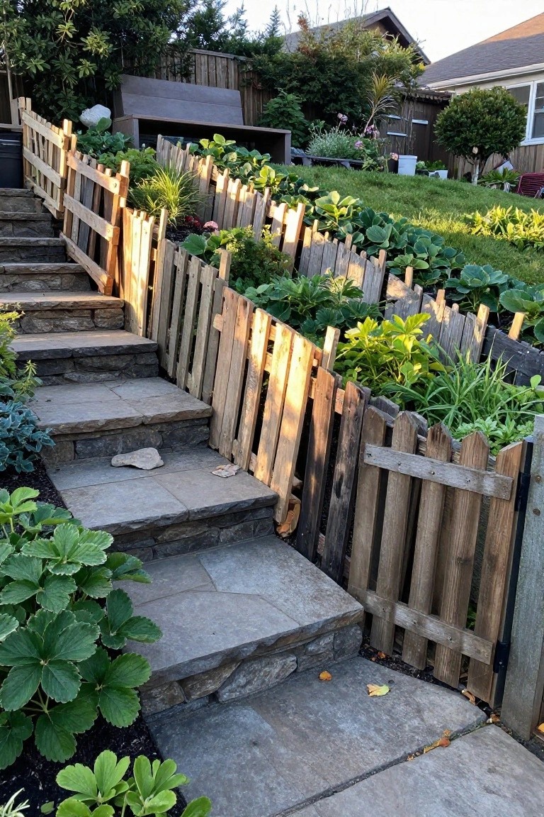 Stone steps run alongside a wooden pallet fence used as a border for strawberry plants on a sloped garden.
