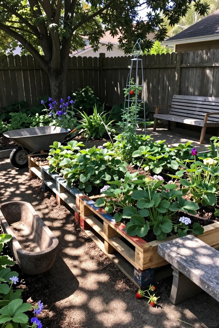 Wooden pallet raised beds filled with strawberry plants and flowers in a backyard garden.