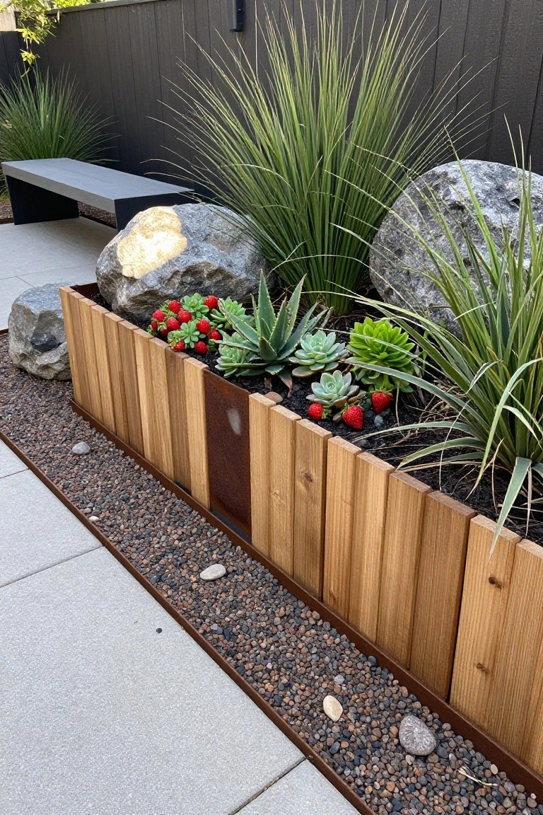 A raised garden bed framed with vertical wooden slats holds strawberries and succulents, with gravel edging and large rocks nearby.