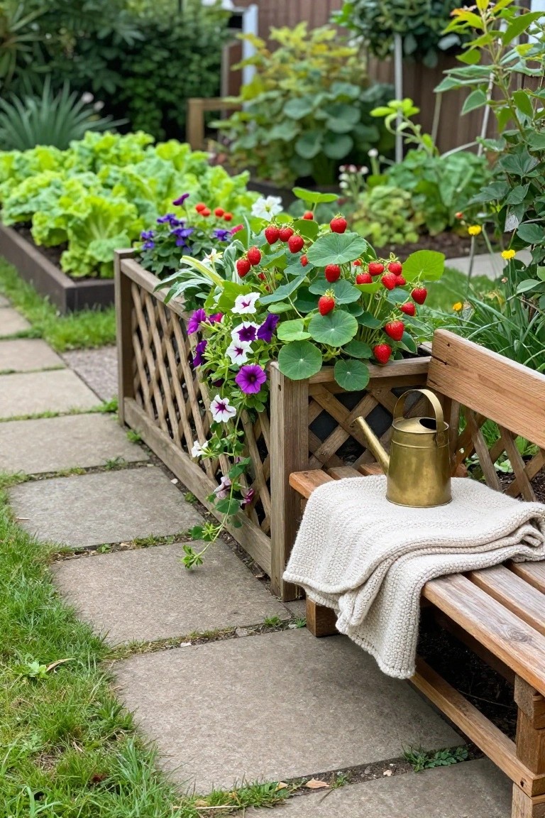 A wooden raised garden bed with lattice sides contains strawberry plants and flowers next to a stone path and bench.