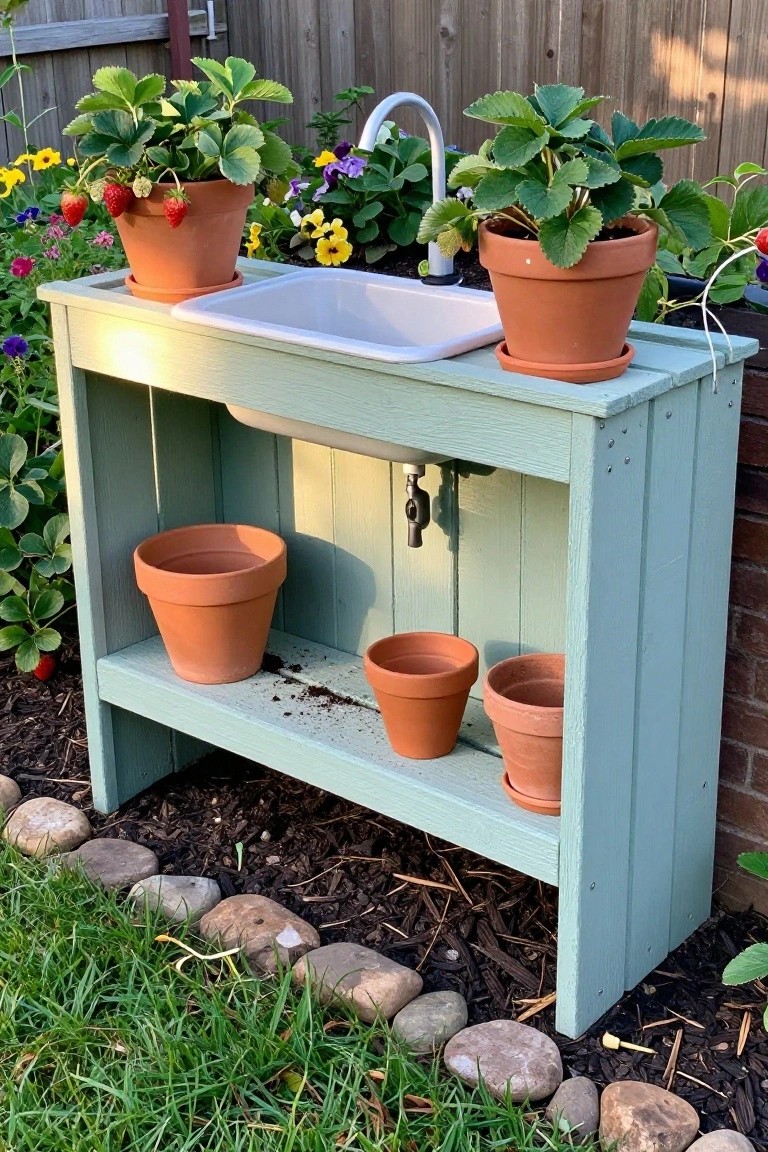 A light blue wooden outdoor sink unit with strawberry plants in terracotta pots on the counter and lower shelves in a garden.