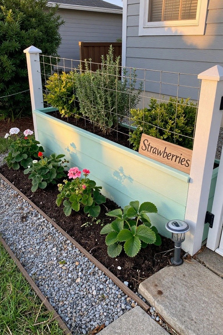 A light blue raised garden bed filled with strawberry plants and a wire grid on white posts, with a gravel path and solar light beside it.