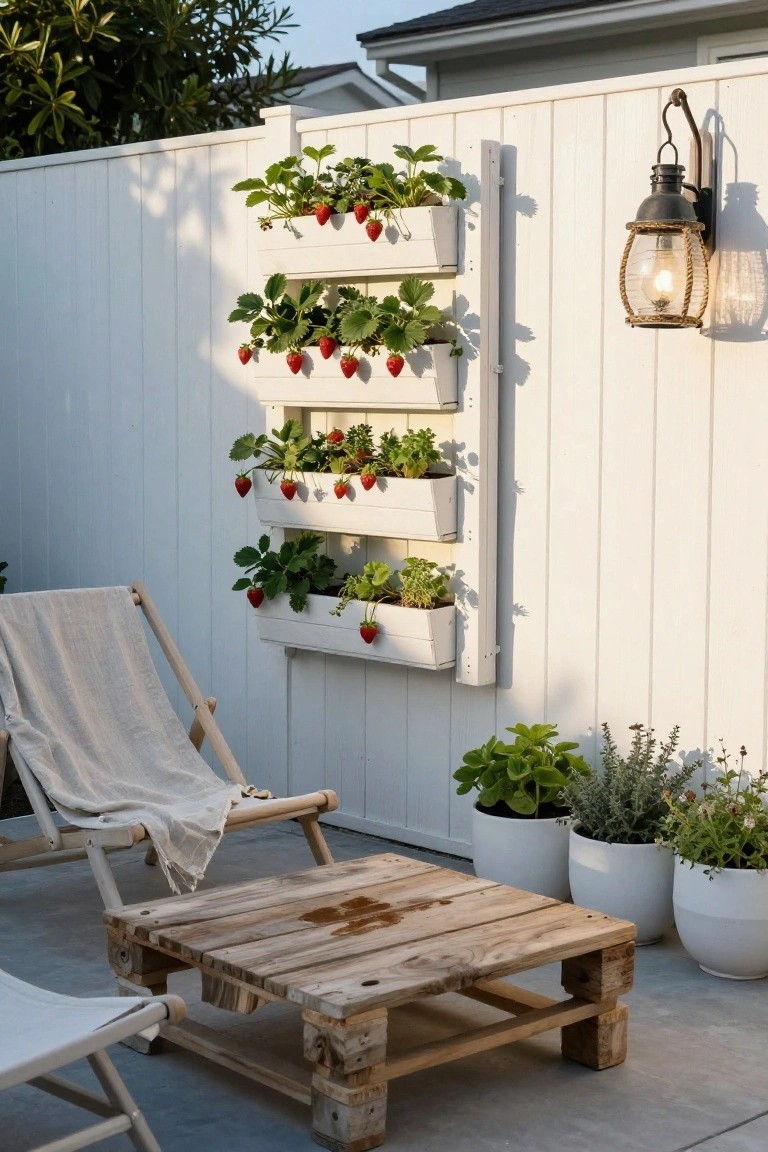 White fence with four stacked white pallet planters growing strawberries beside a wooden pallet table and lounge chair on a patio.
