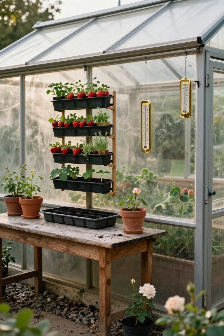 Greenhouse scene showing black plastic planting trays stacked in three tiers on a wooden frame, filled with strawberry plants and seedlings, with additional pots on a wooden table nearby.