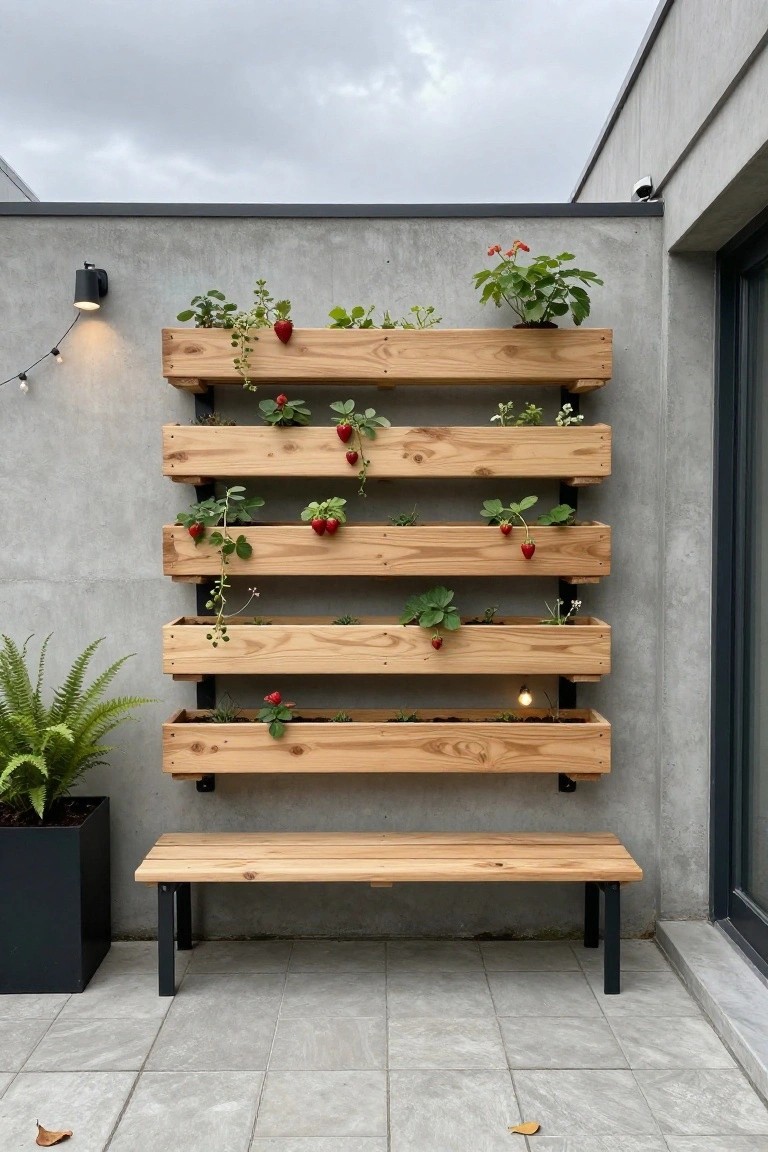 A concrete wall with five horizontal wooden planters mounted vertically, each containing strawberry plants with some red fruit, and a wooden bench positioned below on a tiled surface.