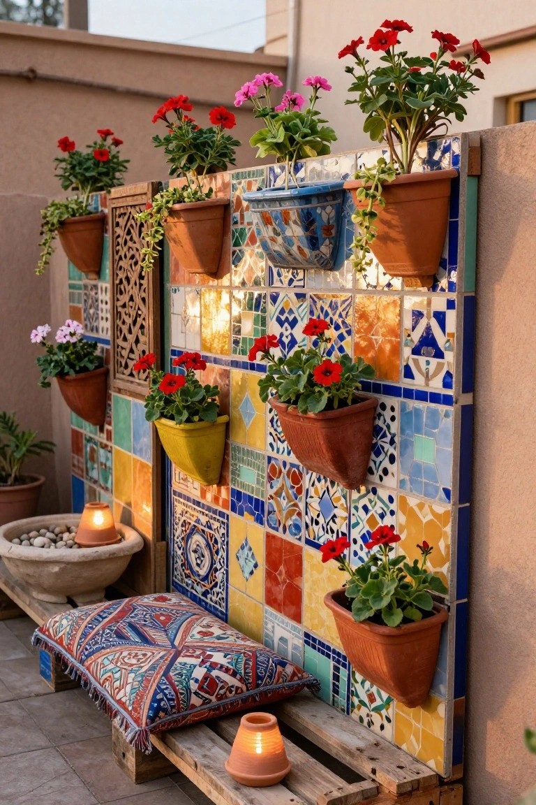 Colorful mosaic wall with potted red flowers above pallet bench with cushion.