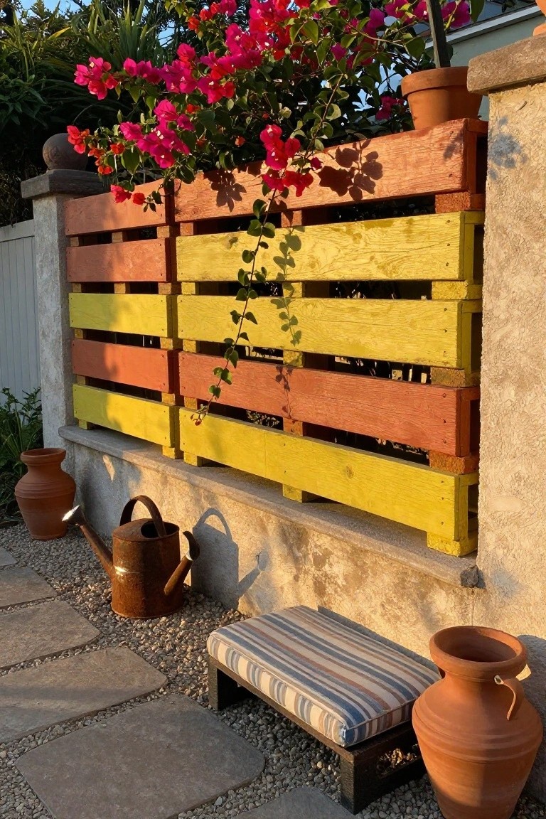 A wooden pallet fence painted in horizontal stripes of red, orange, and yellow, with pink bougainvillea growing through it, next to a striped cushion and clay pots on gravel.