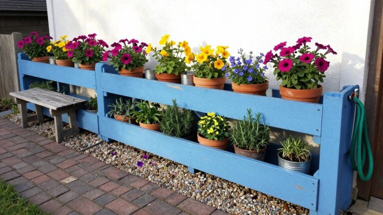 18 Colorful Pallet Flower Garden Ideas for Fence-Line Displays Blue two-tier planter shelf on fence holding colorful potted flowers and herbs