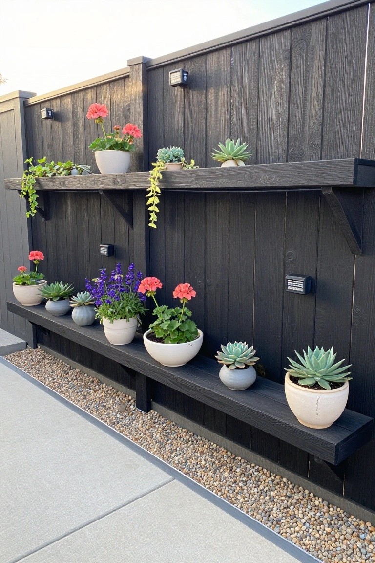 Dark wooden shelves on fence with potted succulents and flowering plants