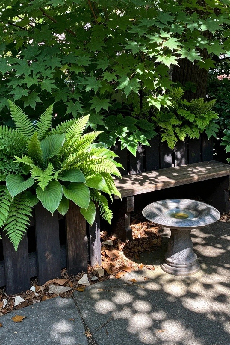 Ferns and hostas planted densely along a dark wooden fence next to a bench and birdbath.