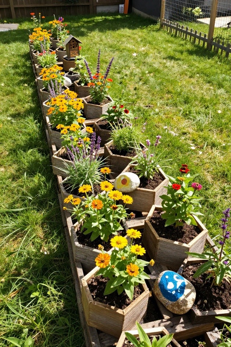 A long row of hexagonal wooden pallet planters filled with orange, purple, and red flowers runs along a grassy fence line.
