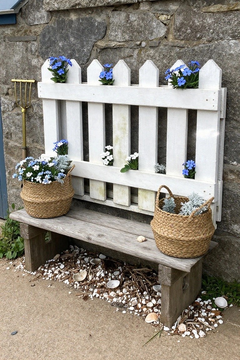 A white picket fence section mounted on a stone wall above a wooden bench, with blue and white flowers placed in the slats and in woven baskets.