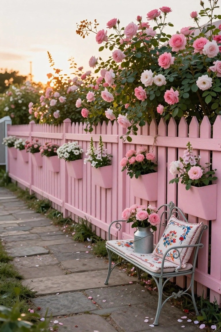 A long pink wooden fence with attached pink planters holding pink and white roses, a stone path running alongside, and a small bench with a flower arrangement in front.
