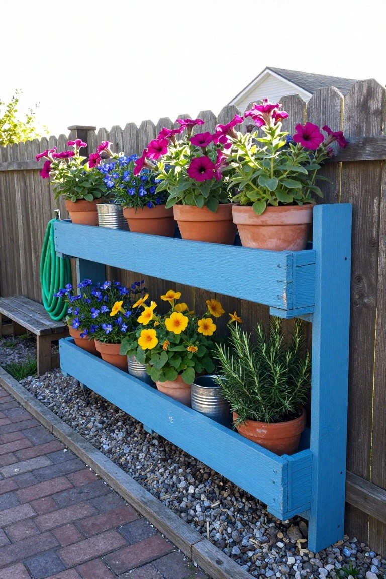 Blue two-tier planter shelf on fence holding colorful potted flowers and herbs