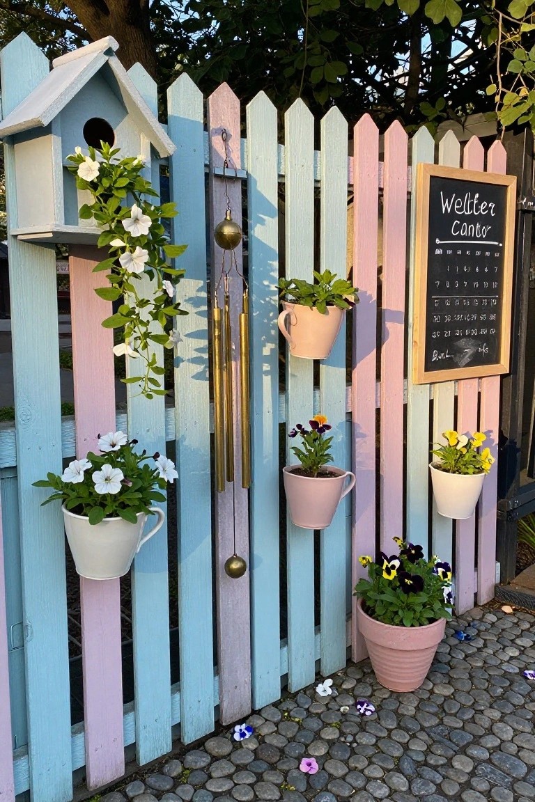 Pastel picket fence with wind chimes, potted flowers in mugs, birdhouse, and chalkboard.
