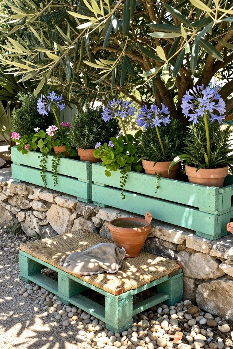 Green painted wooden pallets with potted blue and pink flowers line a stone wall, with a matching pallet bench and terracotta pot on gravel below.