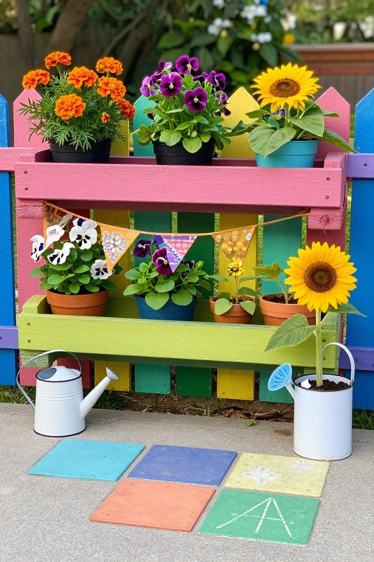 Colorful wooden pallets mounted on a rainbow-painted fence hold multiple potted flowers including marigolds, pansies, and sunflowers, with watering cans and painted stepping stones on the ground below.