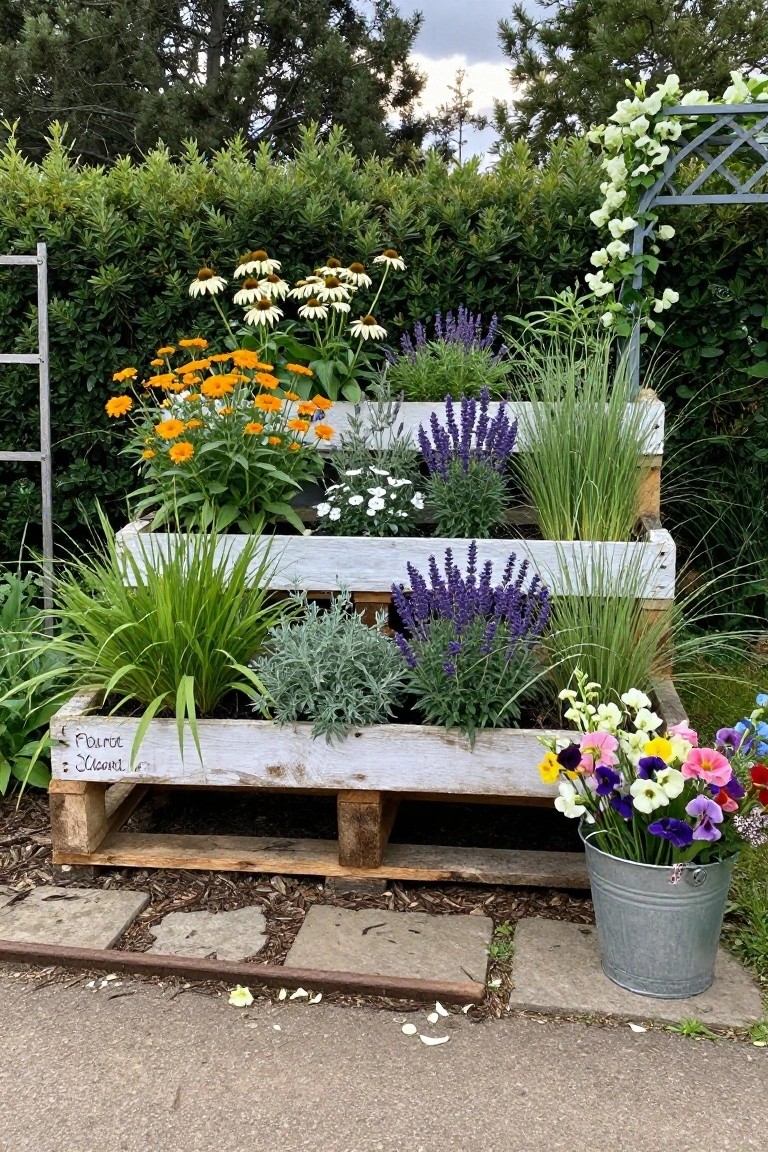 A whitewashed wooden pallet turned into a tiered planter filled with colorful flowers including orange marigolds, purple lavender, and white blooms, placed against a green hedge with a metal bucket of pansies beside it.