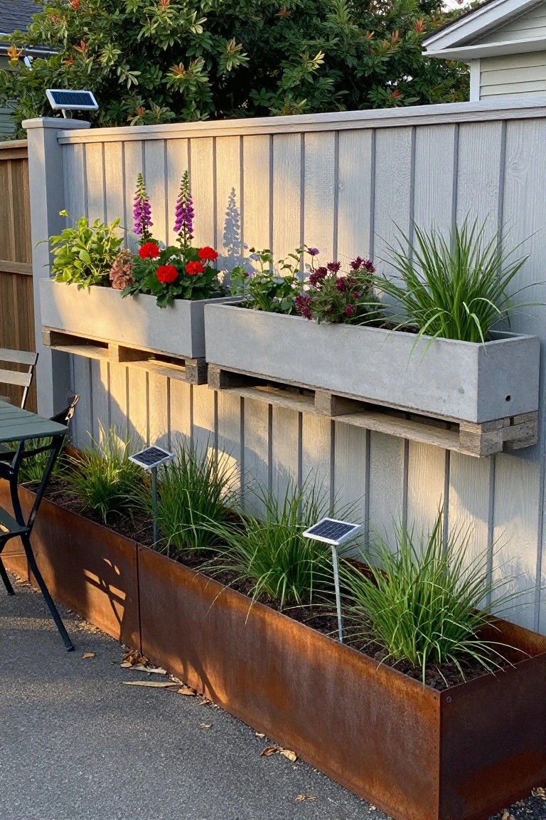 Gray fence with concrete planters of flowers above rusted metal beds with grasses and solar lights.