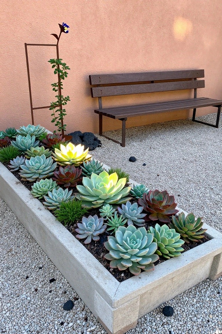 A long concrete planter filled with colorful succulents sits on gravel beside a wooden bench against a peach stucco wall.