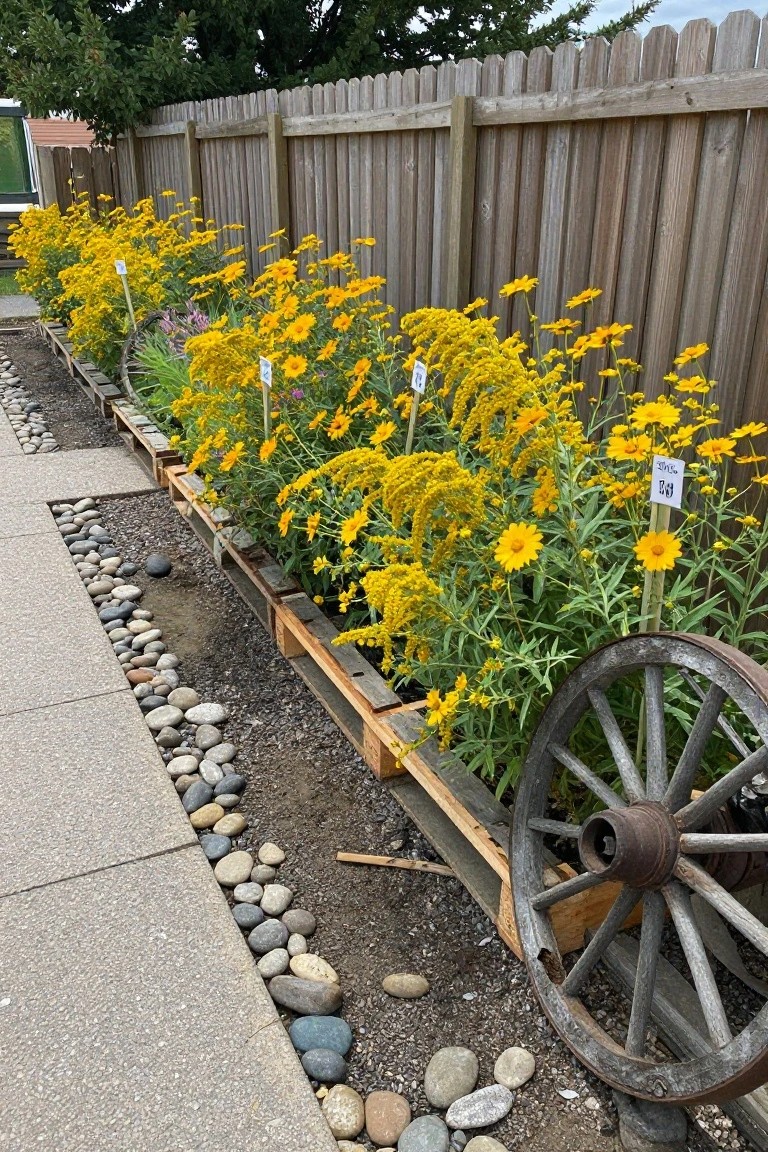 A row of wooden pallet raised beds filled with yellow flowers lines a wooden fence next to a pebble path, with an old wagon wheel visible in the foreground.